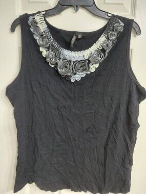 Black Tank with Floral Collar Detail